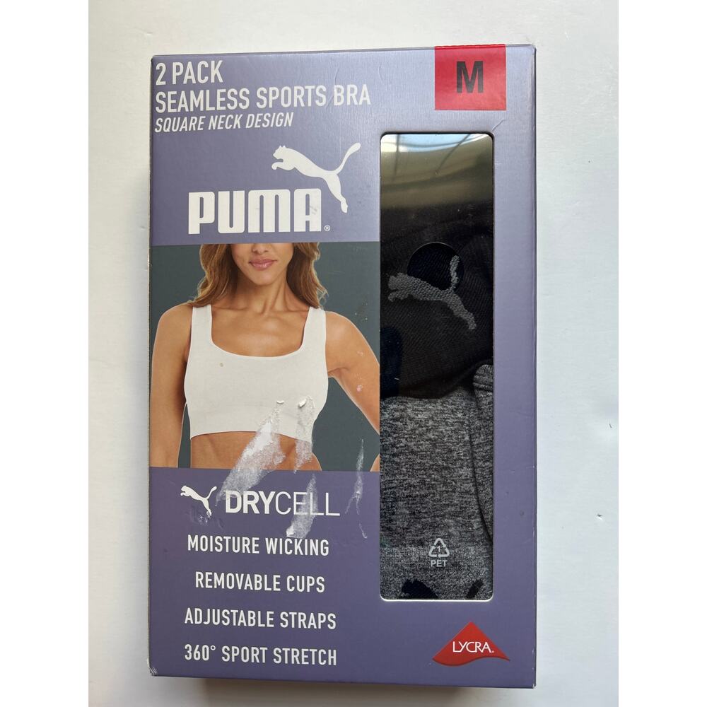 PUMA Seamless Sports‎ Bra 2 Pack Gray and Black Size Medium Square Neck NWT